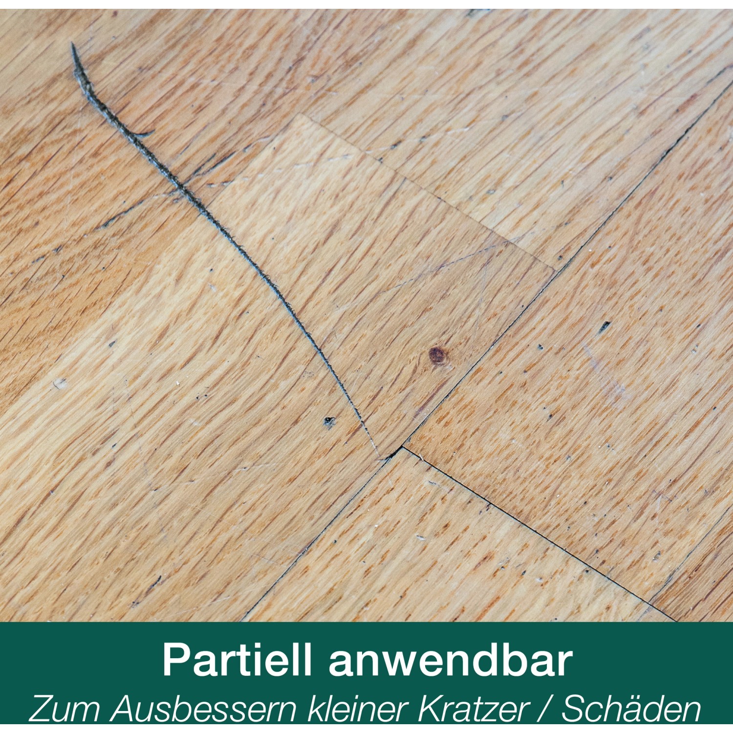 Holzboden mit Kratzern, behandelt mit Bona Hartwachsöl-Pflege. Holzpflege für geölte Oberflächen.