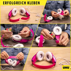 UHU Sekundenkleber Plastik Set beim Kleben von Kopfhörern in Nahaufnahme.