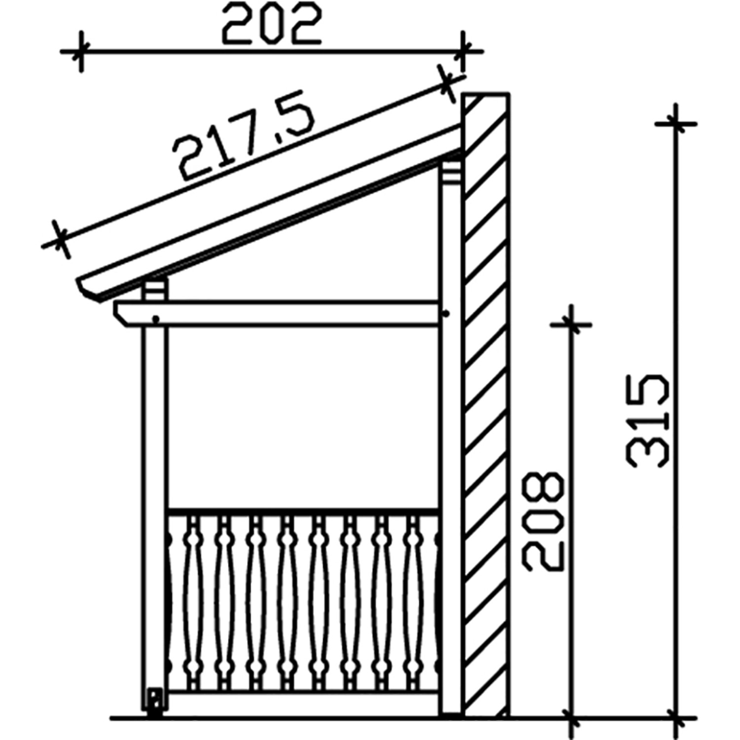 Technische Zeichnung: Skan Holz Vordach Paderborn 8, Maße 336x202 cm, weiß lasiert.