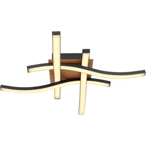 Moderne LED Deckenleuchte Evita, 43 cm, Schwarz/Holzoptik, warmweißes Licht.