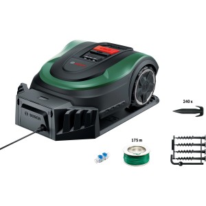 Bosch Indego M+ 700 Mähroboter mit Ladestation, Begrenzungskabel und Heringen.