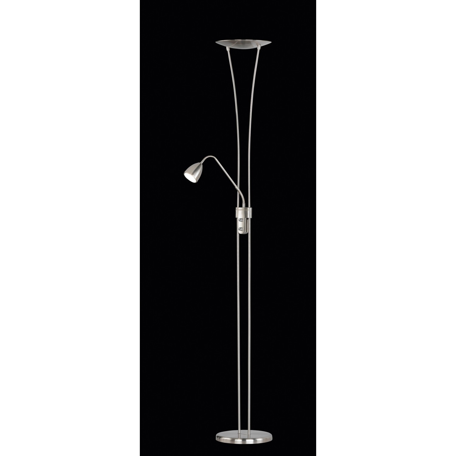 Moderner LED-Deckenfluter, 2-flammig, Nickel matt mit Lesearm. Ideal als zusätzliche Lichtquelle.