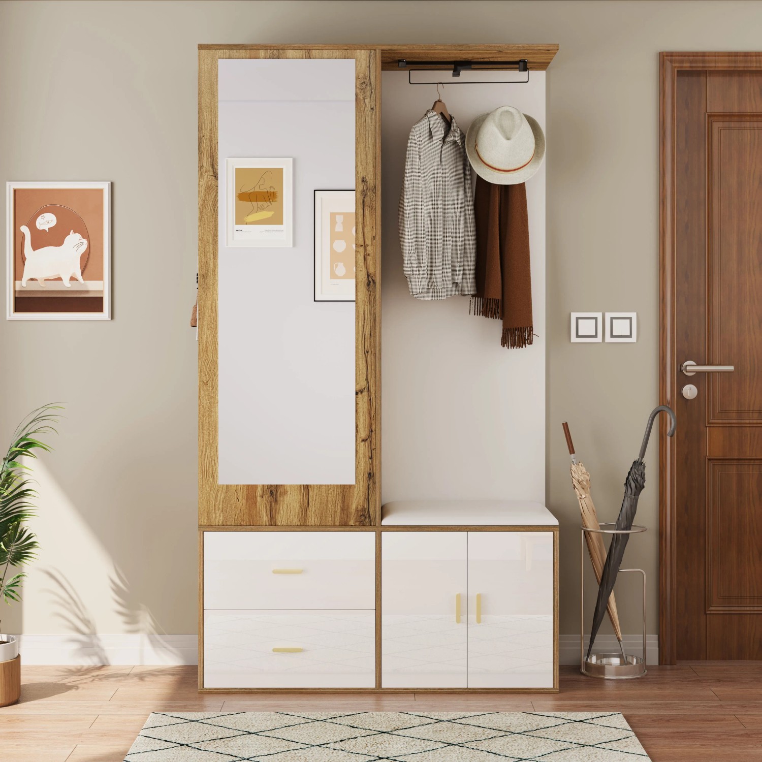 okwish Kleiderschrank Set mit Spiegel Schuhbank Haken Flur 100x38x180cm Weiß kaufen bei OBI