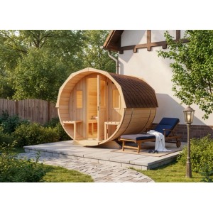 FinnTherm Fasssauna Sam aus Fichte als Bausatz, naturbelassen, mit Liegen und Dachschindeln.