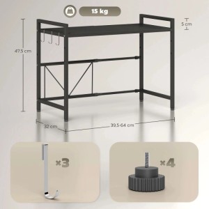 Schwarzes, erweiterbares HOMCOM Mikrowellenregal mit 3 Haken, 15 kg Traglast. Ideal als Küchen-Organizer.