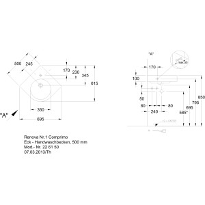 Technische Zeichnung: Geberit Renova Compact Eckwaschbecken, 69,5 cm, Abmessungen und Details.