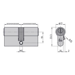 Technische Zeichnung: Basi AS Profil Doppelzylinder 45/70 mm, verschiedene Maße und Ansichten.