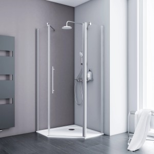 Schulte Fünfeckdusche Alexa Style 2.0 mit Alu-Natur Rahmen und klarem Glas, Komplettdusche.