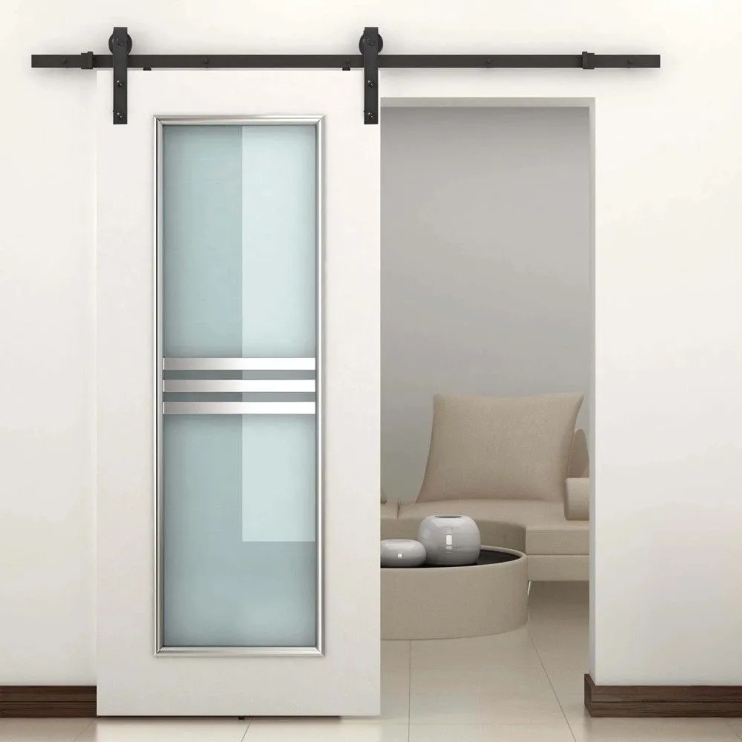 Schwarzer HOMCOM Schiebetür-Beschlagsatz aus Kohlenstoffstahl an weißer Wand mit weißer Glastür. Rustikales Design, platzsparend.