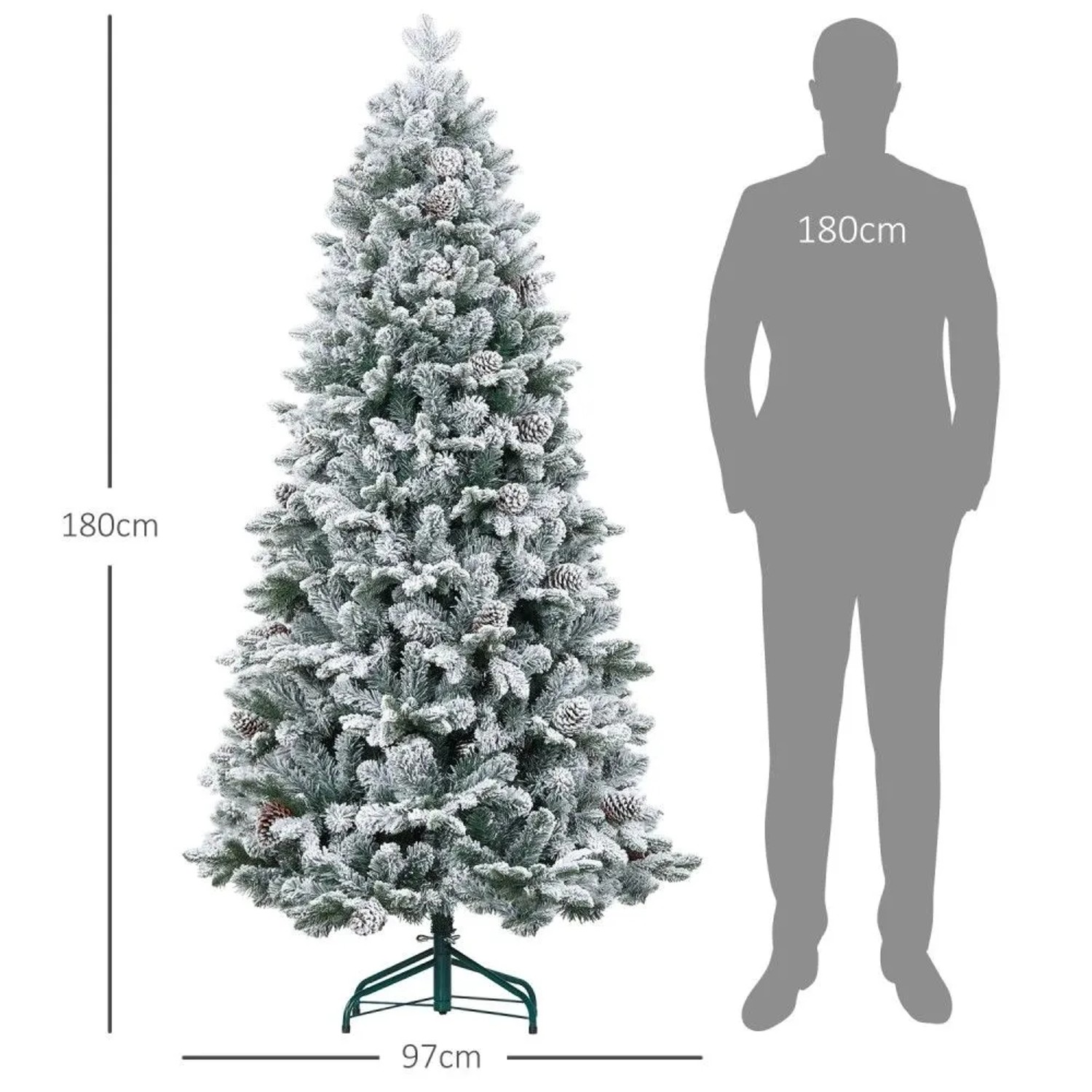 Beschneiter HOMCOM Weihnachtsbaum 180cm hoch, 97cm breit, mit Tannenzapfen und grünem Metallständer. Festliche Weihnachtsdekoration.