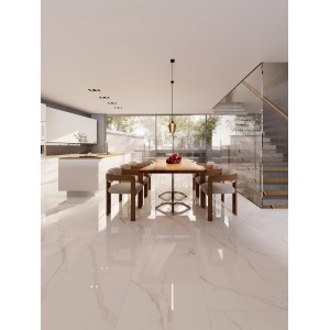 Helle, polierte Feinsteinzeug Bodenfliese Opus in Marmoroptik, 60x30 cm, verlegt in modernem Wohnraum.