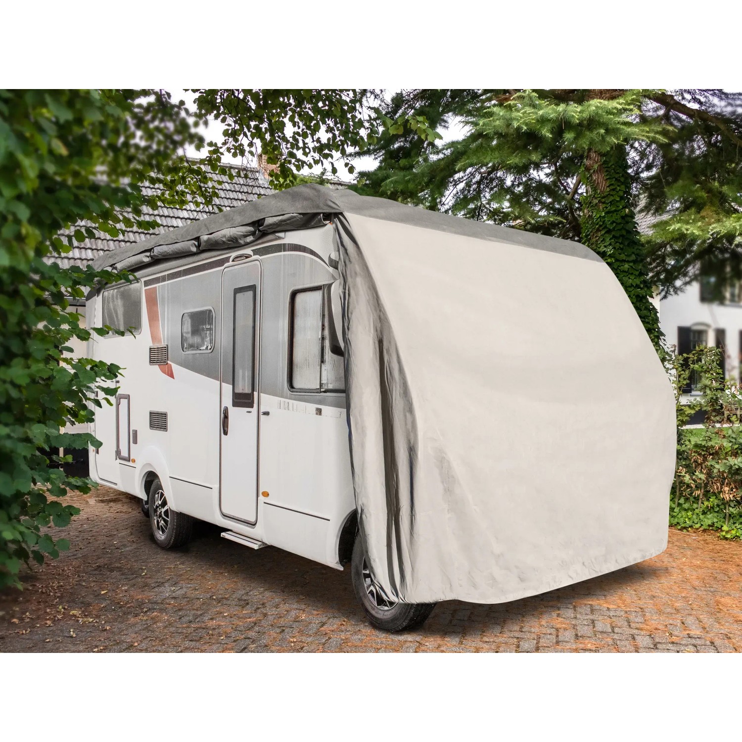 Wohnmobil-Schutzhülle (750x235x270cm) in Beige schützt vor Witterung und Schmutz.