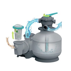 Graue Sandfilteranlage für Pools. Zeigt Wasserfluss, Vorfilterkorb und Ventil für effektive Poolreinigung.