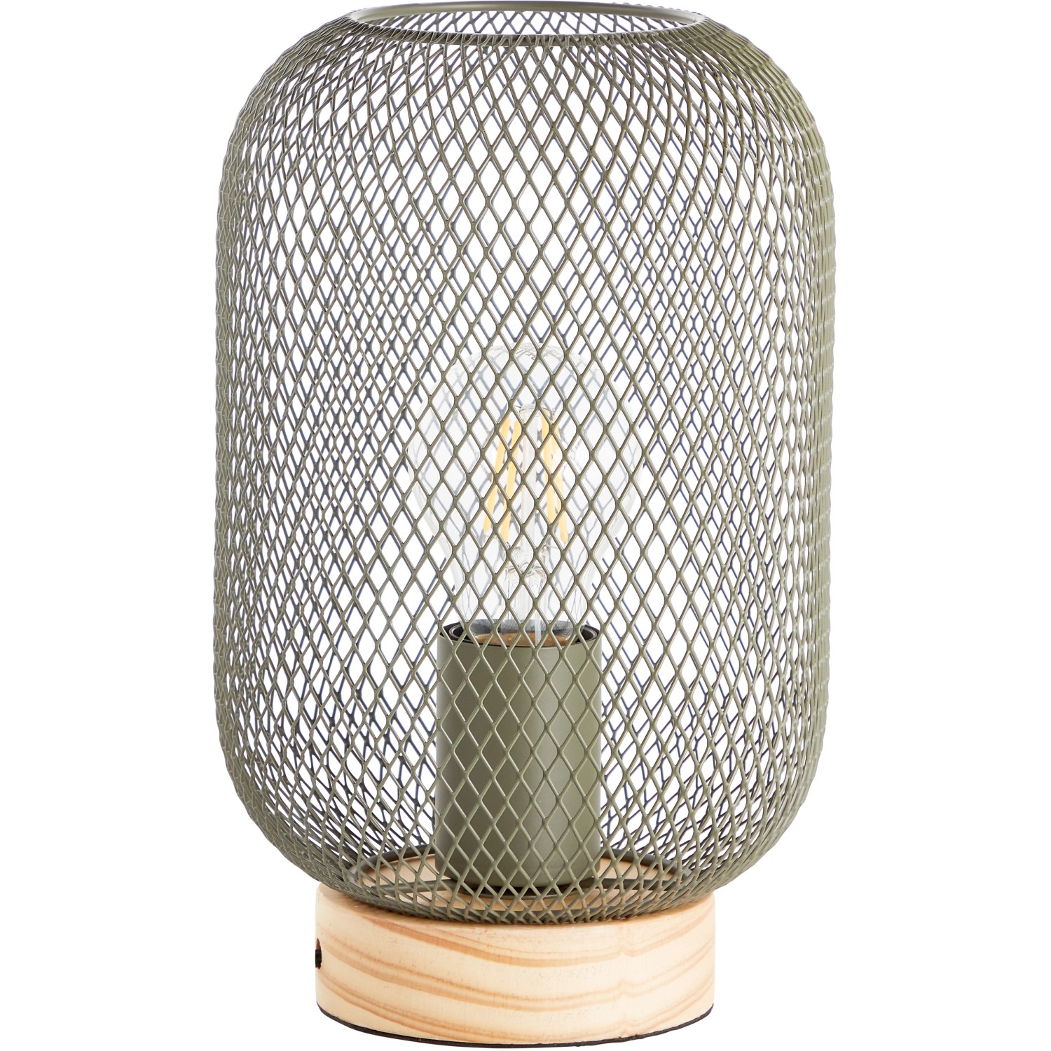 Olivgrüne Design-Tischleuchte Giada mit Holzfuß und Metallgitter-Schirm.