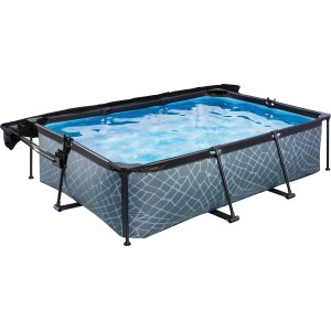 Rechteckiger, grauer EXIT Stone Pool 220x150x65 cm mit Filterpumpe und Sonnensegel.