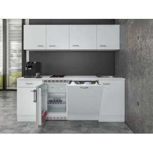 Flex-Well Classic Büroküche Wito 210 cm, weiße Singleküche mit E-Geräten wie Kühlschrank und Geschirrspüler.