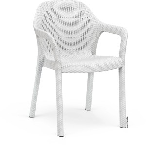 Weißer Lechuza Essstuhl mit Flechtmuster, geeignet für den Garten.