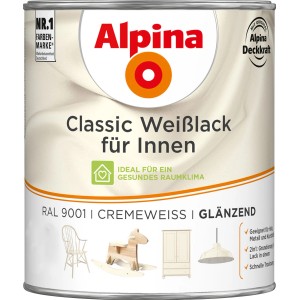 Dose Alpina Classic Weißlack für Innen, cremeweiß glänzend. Geeignet für Holz, Metall und Kunststoff.