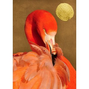 Fototapete: Flamingo in Orange, Rot, Schwarz und Gold vor braunem Hintergrund mit goldener Sonne.