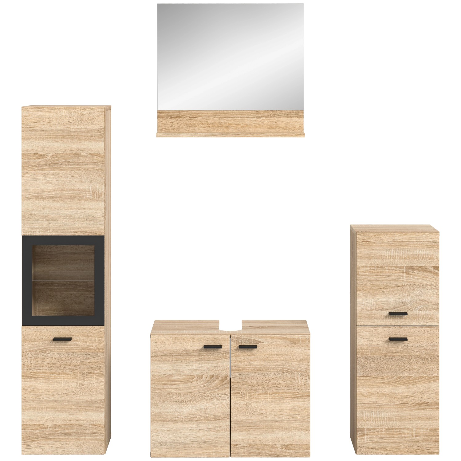 Badkombination Sonoma Eiche mit Spiegel und schwarzen Akzenten, bestehend aus Waschbeckenunterschrank und zwei Hochschränken.