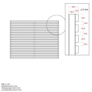 Technische Zeichnung Sichtschutzzaun Tokyo ThermoWood® mit Maßangaben der Latten und Rahmen.