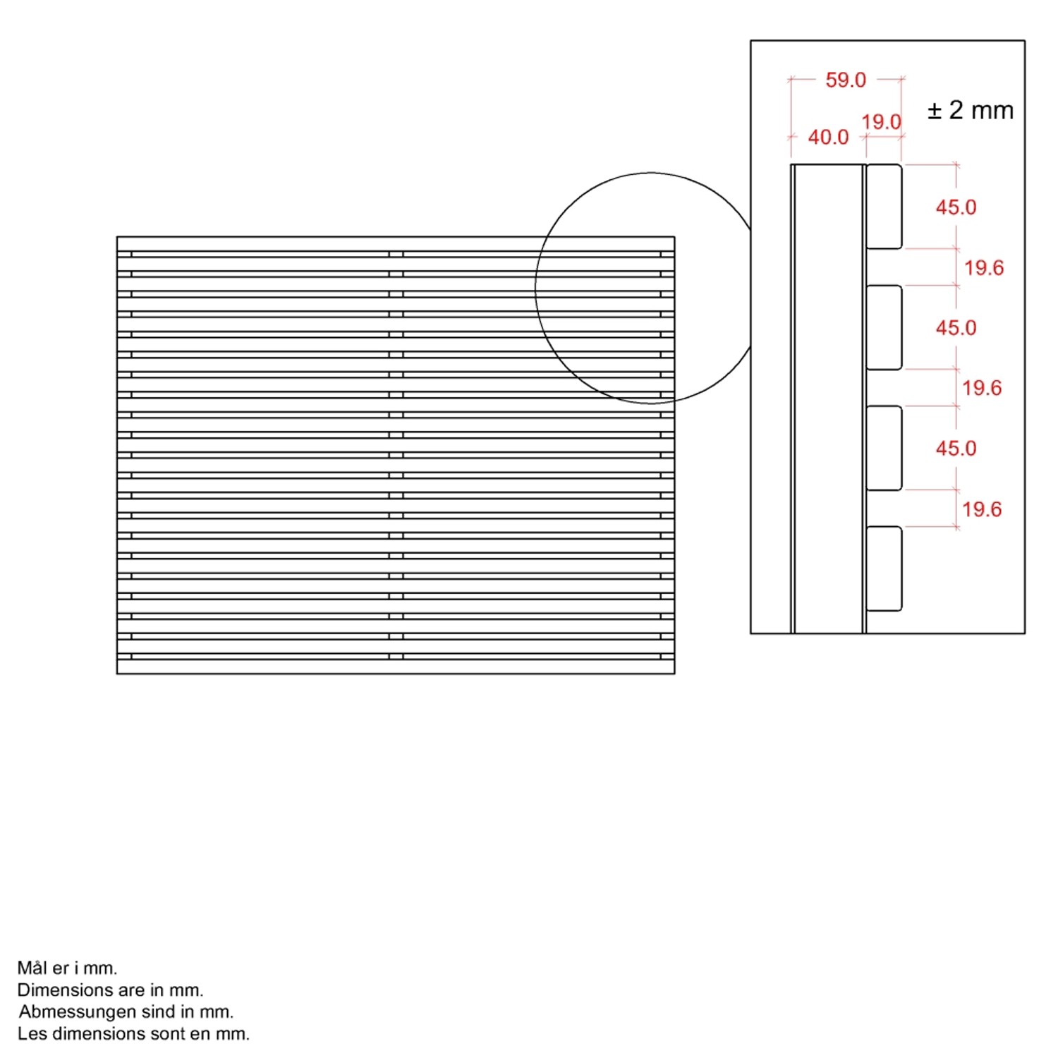 Technische Zeichnung Sichtschutzzaun Tokyo ThermoWood® mit Maßangaben der Latten und Rahmen.