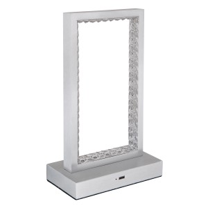 Moderne LED-Tischleuchte Samega von Globo, Aluminium matt, mit Touchdimmer für Außen- und Innenbereich.