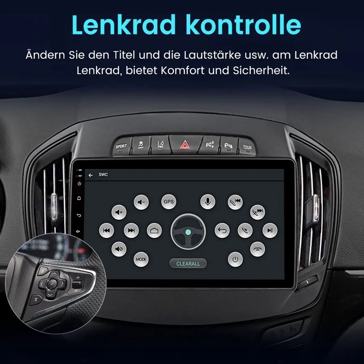Junsun 9 Zoll Autoradio im Opel Insignia. Touchscreen zeigt Lenkradsteuerung, daneben Lenkradtasten.