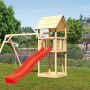 Karibu Spielturm Lotti mit roter Rutsche und Doppelschaukel im Garten.