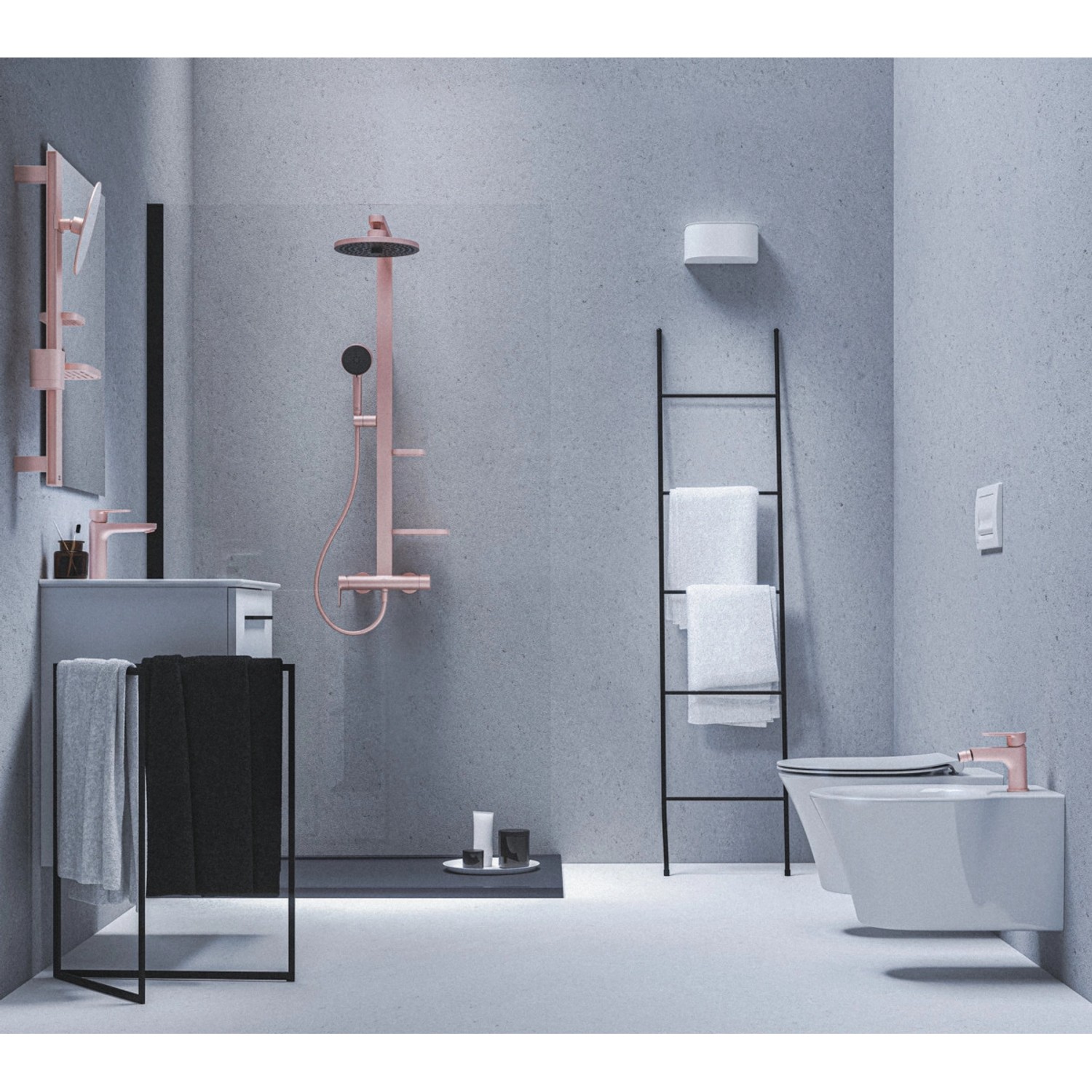 Modernes Badezimmer mit Ideal Standard Waschtischarmatur in Rosé und passender Dusche.