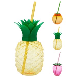Trinkbecher aus Kunststoff, 3-fach sortiert: Ananas, Erdbeere, Orange mit Strohhalm.