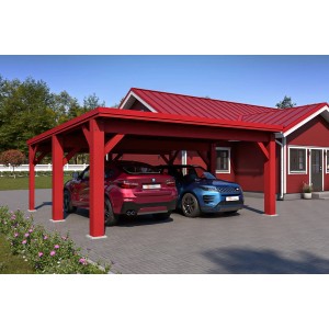 Holzbrüder Carport Ralf 36 in Oxidrot-Rot mit zwei geparkten Autos.