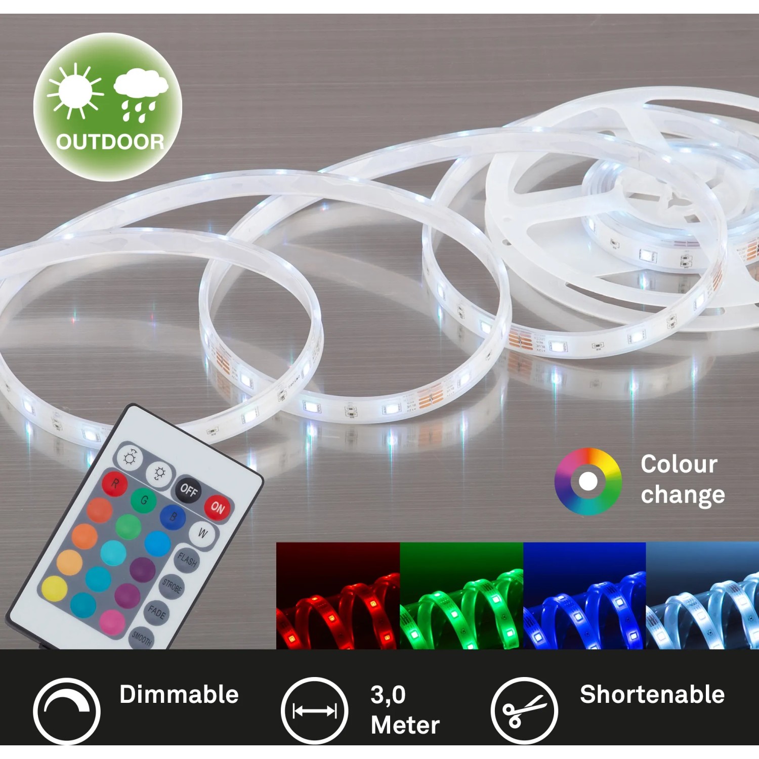 3 m LED-Flexband für Außen, mit Fernbedienung für Farbwechsel, dimmbar und kürzbar.