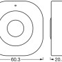 Skizze Ledvance Smart+ Bewegungsmelder, weiße Ausführung, Maße 60,3 x 60,3 x 20,5 mm.