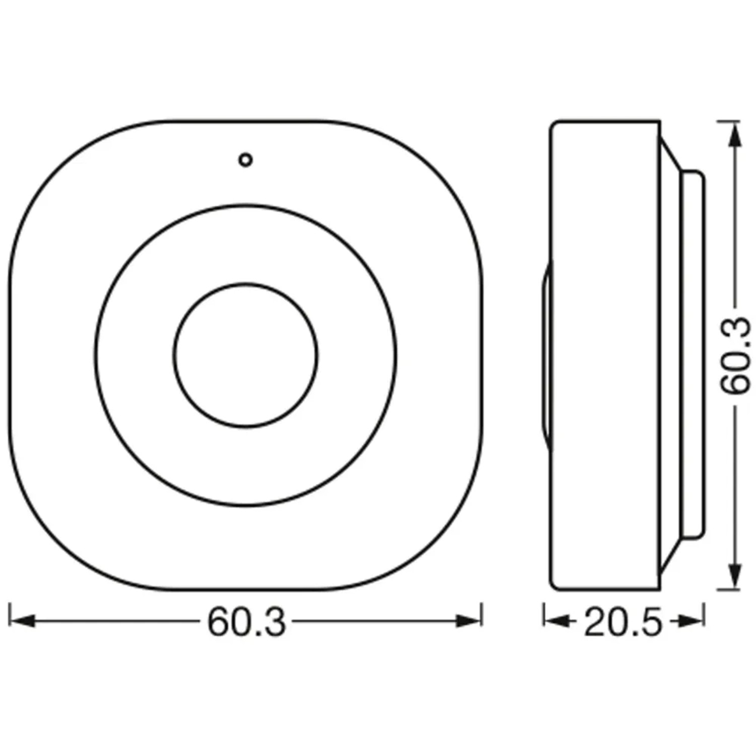 Skizze Ledvance Smart+ Bewegungsmelder, weiße Ausführung, Maße 60,3 x 60,3 x 20,5 mm.