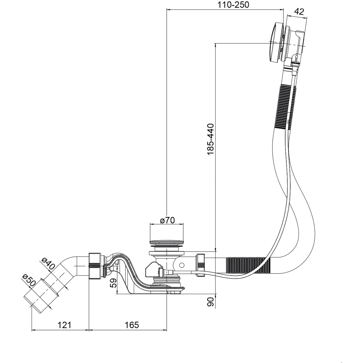Technische Zeichnung: Ab- und Überlaufgarnitur für Ottofond Körperformwanne 170x75 cm.