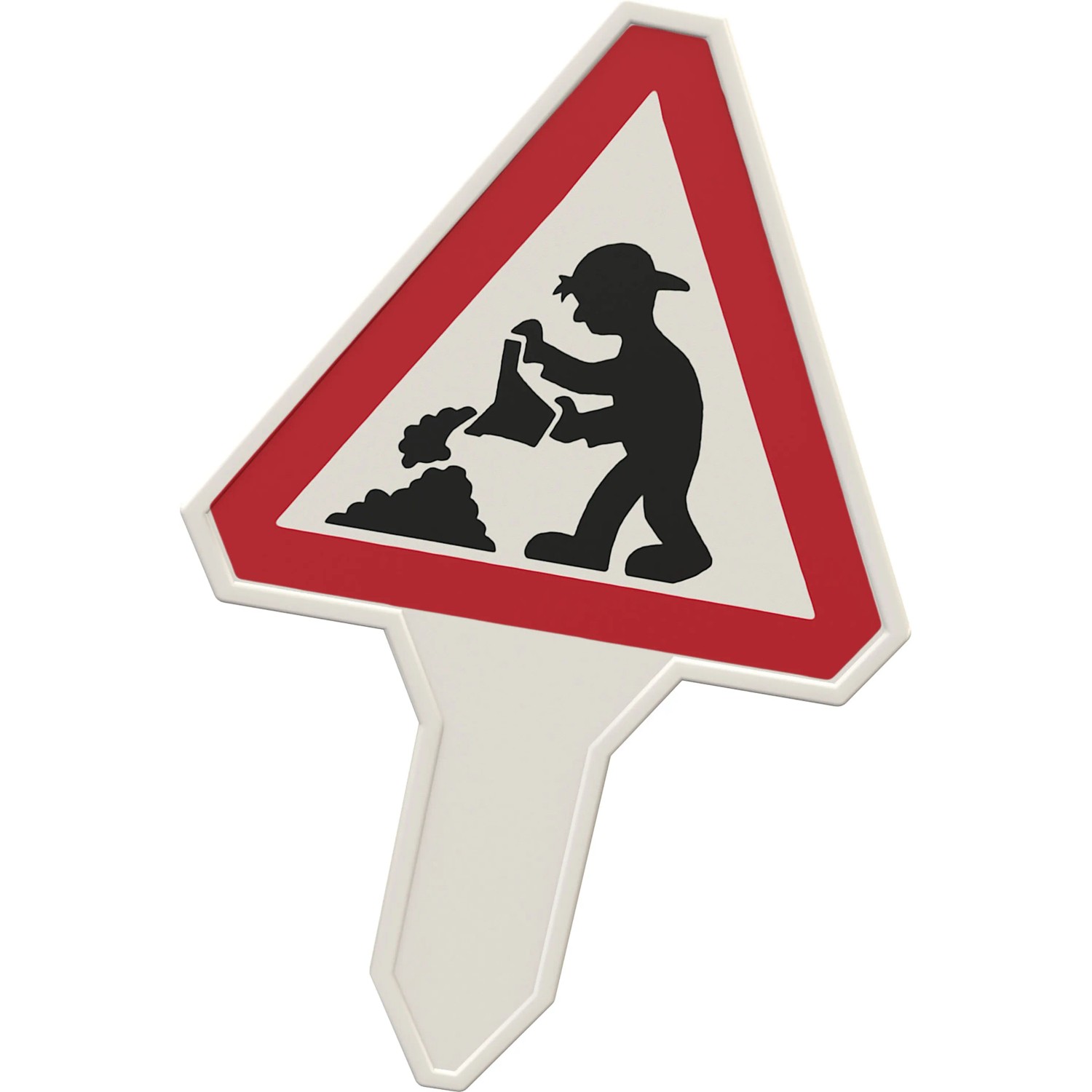 Warnschild "Baustelle" als Teil des Hape Sandspielzeug-Sets, rot-weißes Dreieck mit Bauarbeiter-Symbol.