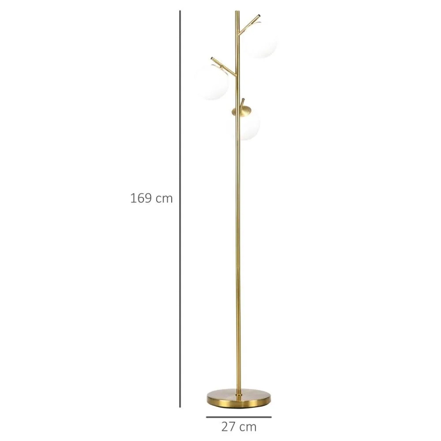Goldene HOMCOM Stehleuchte mit 3 kugelförmigen Glasschirmen und Metallgestell. Modernes Design, 169 cm hoch.
