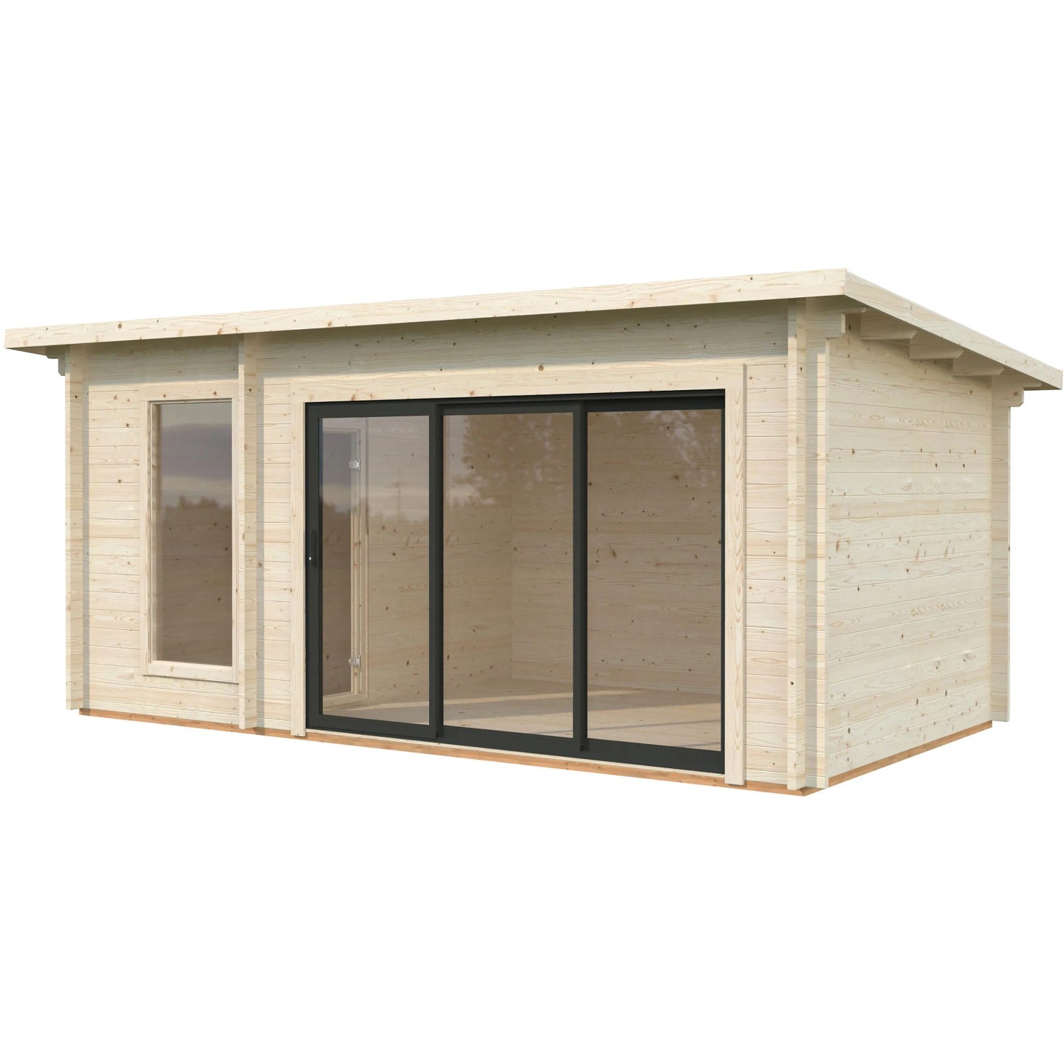 Palmako Sauna Sanna Slide Plus: Naturbelassenes Saunahaus mit Schiebetür und Panoramafenster.