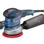 Blauer Bosch Professional Exzenterschleifer GEX 40-150, 400 W, mit rotem Schleifteller und Staubbox.