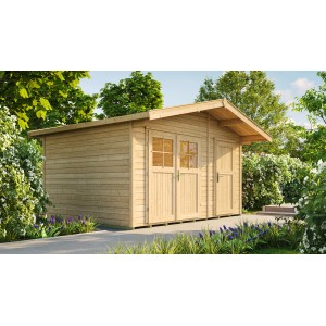 Unbehandeltes Weka Holz-Gartenhaus Lago mit Satteldach, 400x380 cm, im Garten.