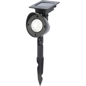 Schwarzer Globo LED Solar Gartenstrahler mit Erdspieß und Wandhalterung.