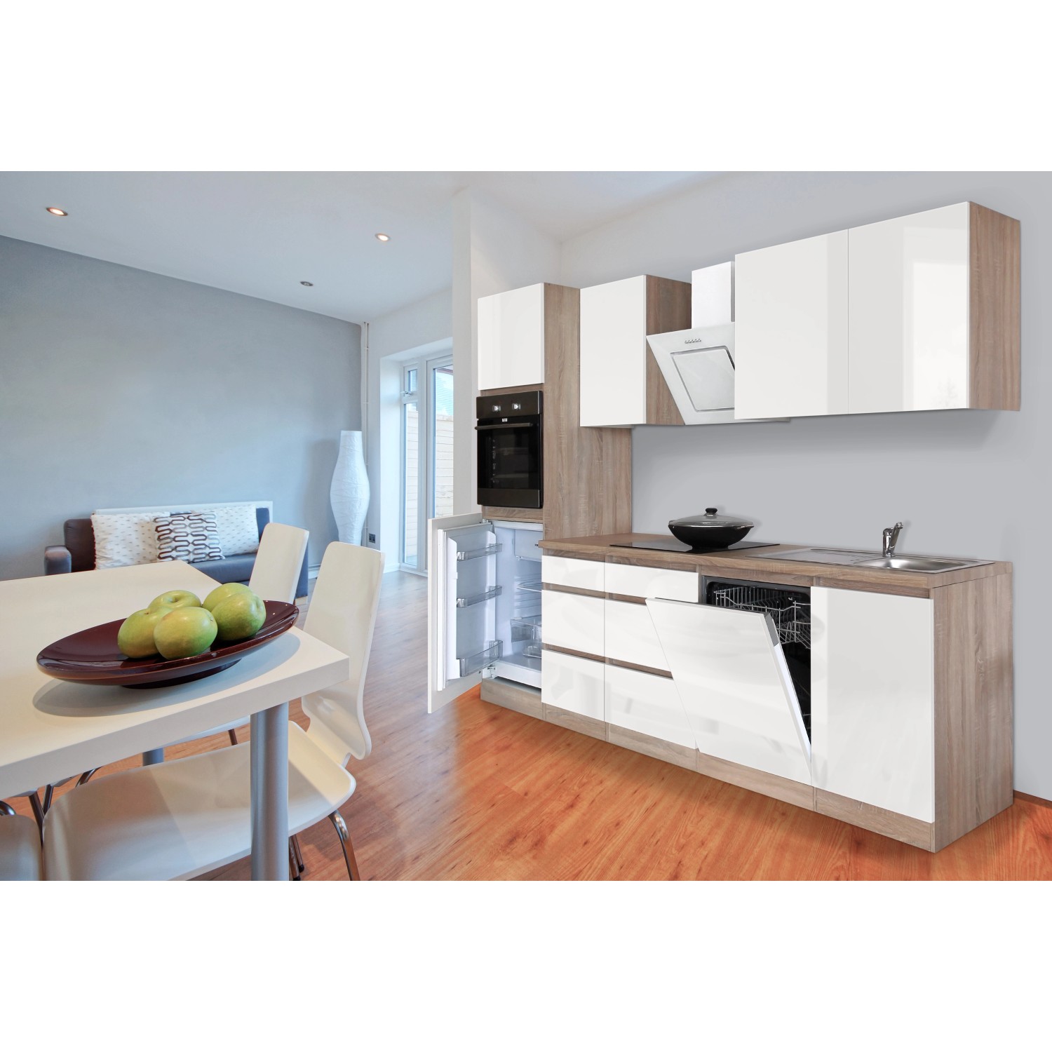 Respekta Küchenzeile GLRP280HESW, grifflos, weiß hochglanz/Sonoma Eiche, mit E-Geräten.