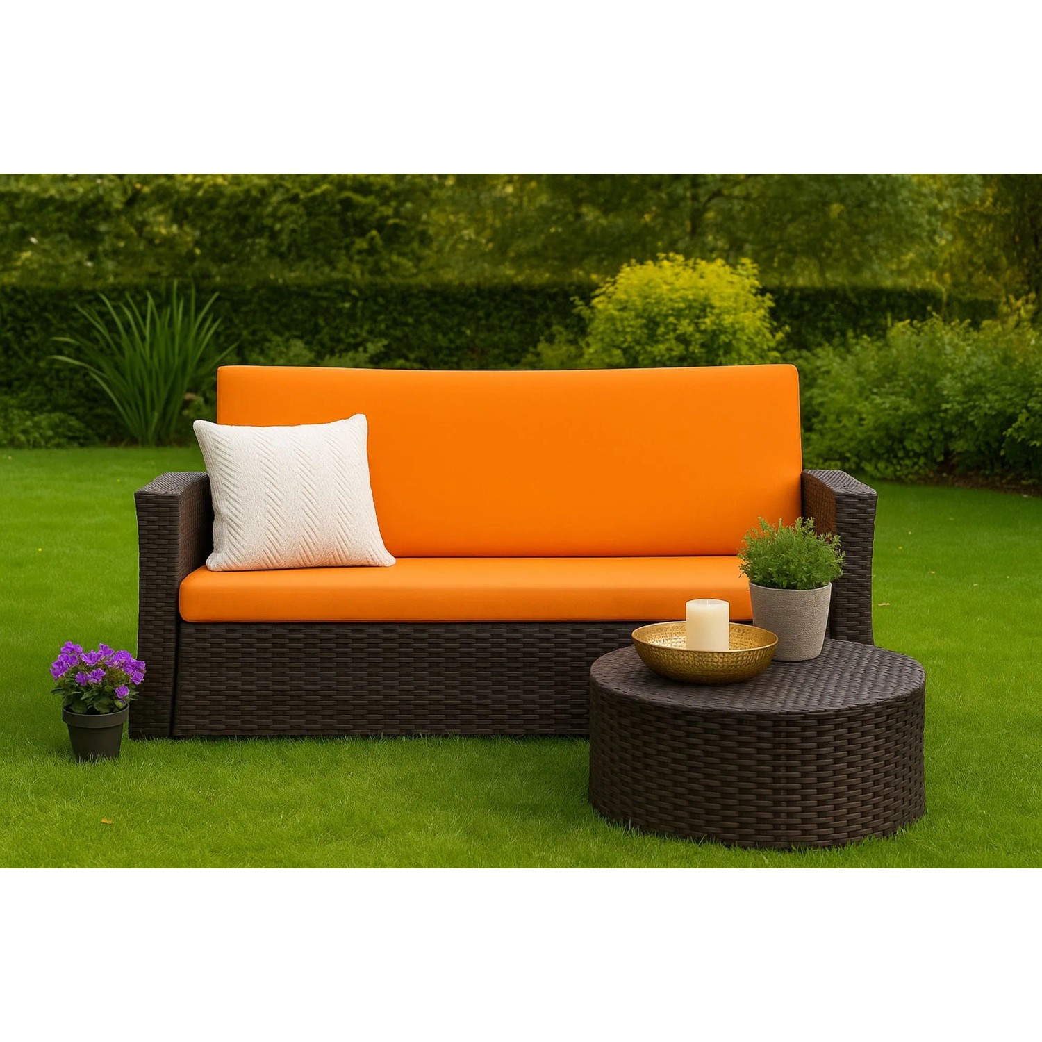 Orangefarbenes Gartenkissen-Set für Polyrattan-3-Sitzer-Sofa, bestehend aus Sitz- und Rückenkissen.