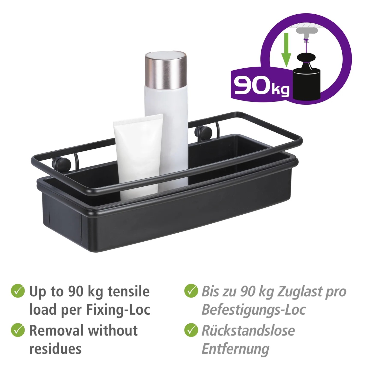 Schwarze WENKO Wandablage Molinella mit Badartikeln, Drahtkorb für Duschgel und Shampoo.