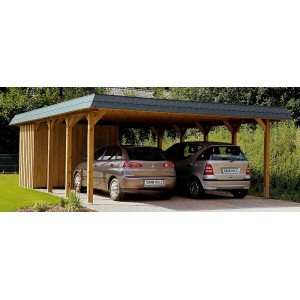 Skan Holz Doppelcarport Spreewald mit Walmdach und zwei geparkten Autos.