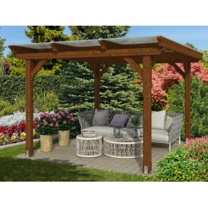 Holz-Pavillon Marseille Nussbaum lasiert, 274x304 cm, mit Sitzgruppe im Garten.