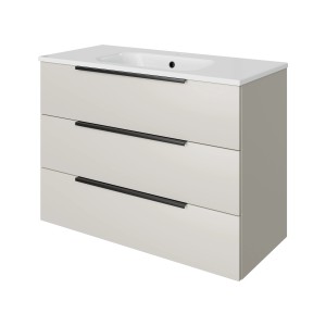Pelipal Badmöbel-Set Quantum in Kaschmir Matt mit Mineralmarmor-Waschtisch und drei Auszügen.
