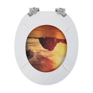 Sinobath WC-Sitz oval, weiß, mit Absenkautomatik und Sonnenuntergang-Strandmotiv.