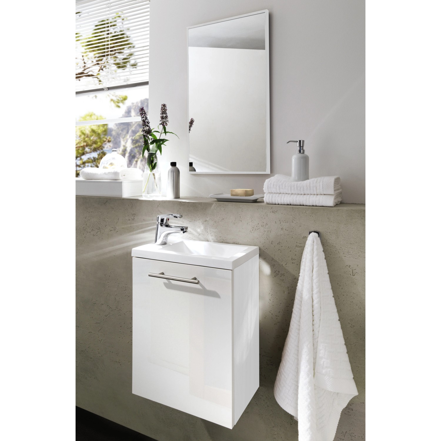 Posseik Badmöbel-Set Alexo, 2-teilig, weiß, mit Waschbecken und Unterschrank für das Gäste-WC.